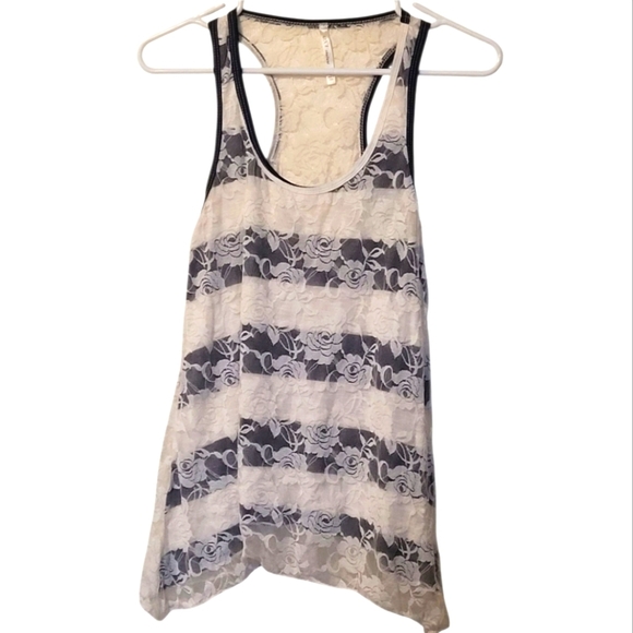 DNA Couture White Blue Striped Lace Roses Racerback Tank Top Large - Picture 1 of 9